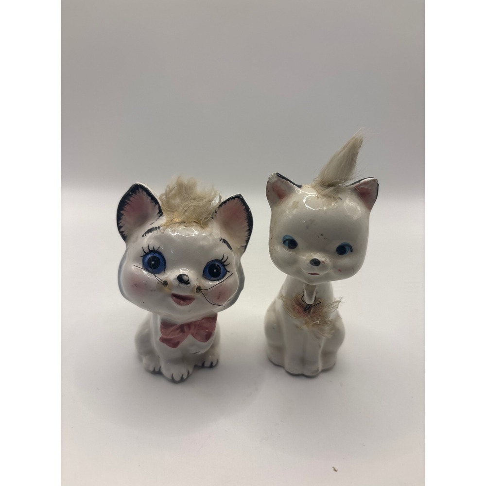 VTG Ceramic Kitty Figurines Japan Pair Mid Century Anthropomorphic Cats with fur